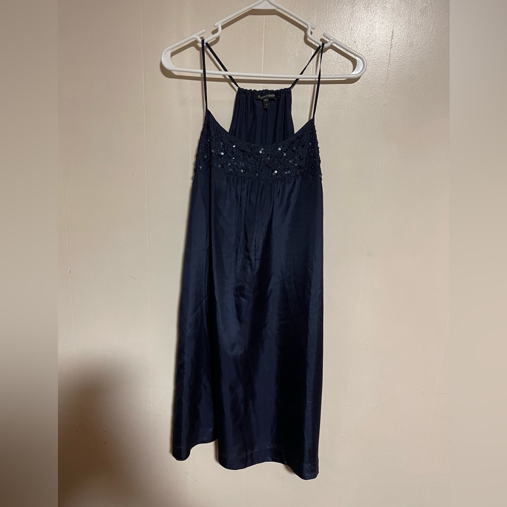 Eileen Fisher Silk Slip Dress With Hand sewn Sequins Beads Size S Navy Blue